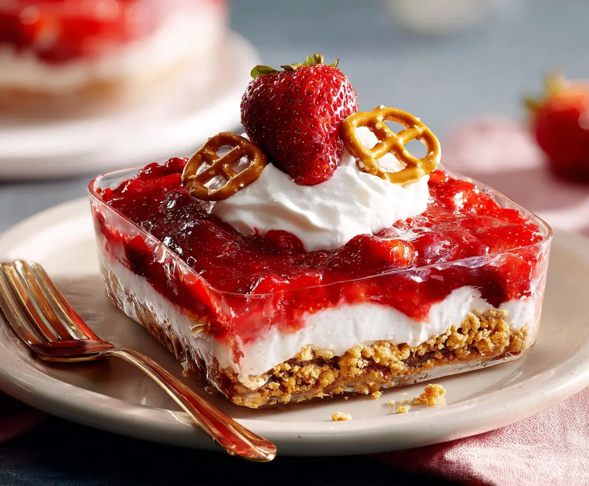 Delicious Strawberry Pretzel Dessert with fresh strawberries and creamy filling on a serving plate.