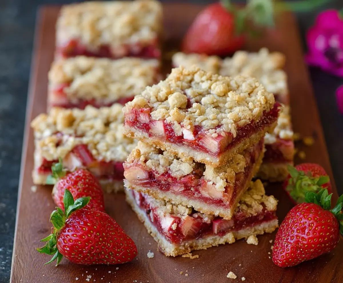 Delicious homemade Strawberry Rhubarb Crumble Bars with a golden crust and fresh fruit filling