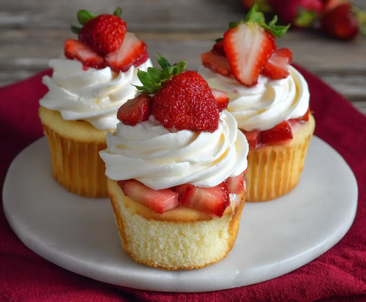 Delicious strawberry shortcake cupcakes topped with fresh strawberries and whipped cream.
