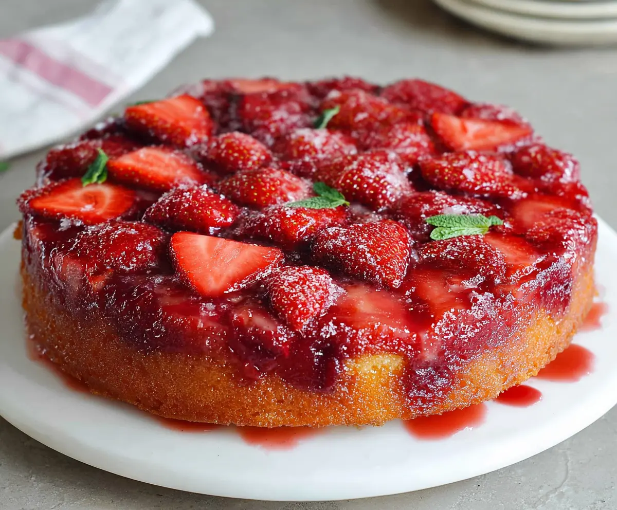 Delicious strawberry upside down cake topped with fresh strawberries and caramelized pineapple slices.