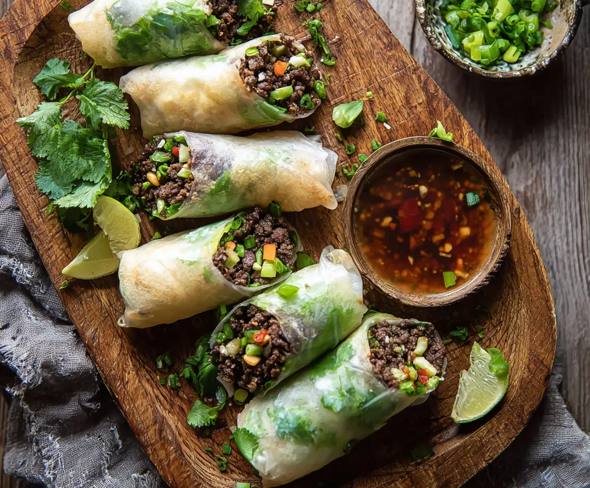 Fresh Thai Beef Spring Rolls filled with crisp vegetables and tender beef, served with dipping sauce.