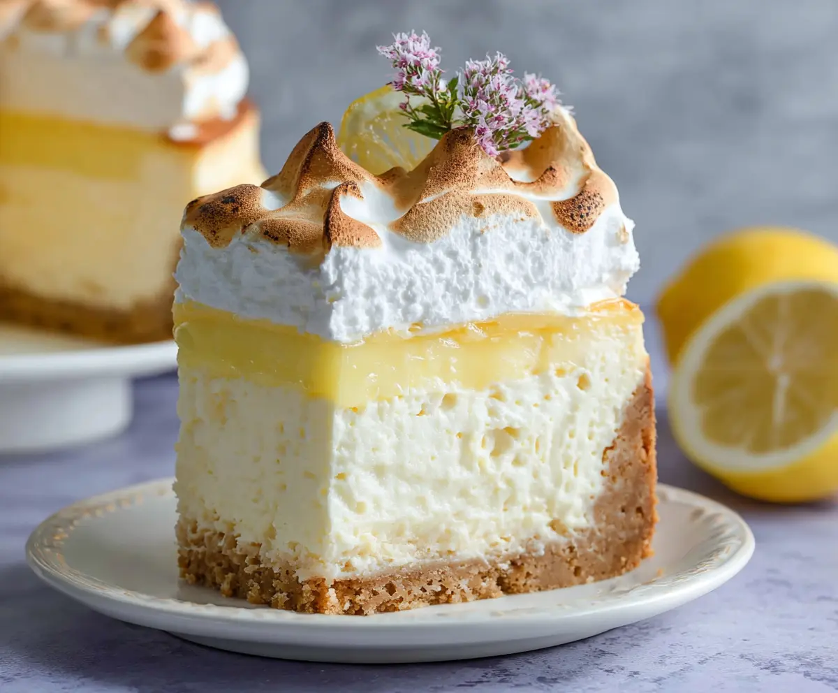 Delicious Triple Lemon Meringue Cheesecake with golden crust and fluffy meringue topping