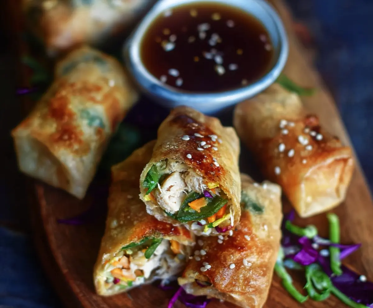 Fresh turmeric sesame chicken spring rolls with vibrant vegetables on a white plate.