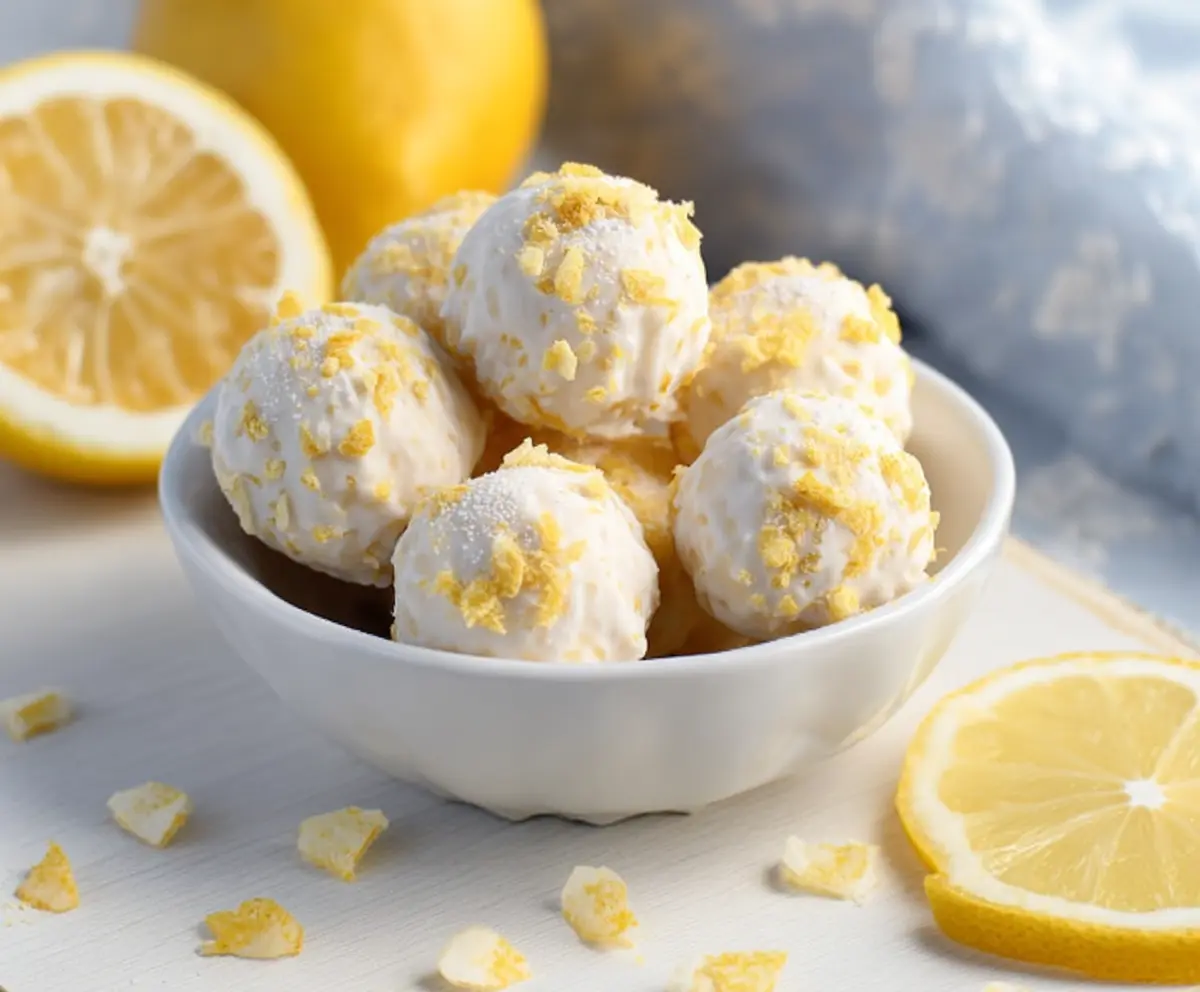 Delicious white chocolate lemon truffles on a elegant dessert plate, perfect for citrus lovers.