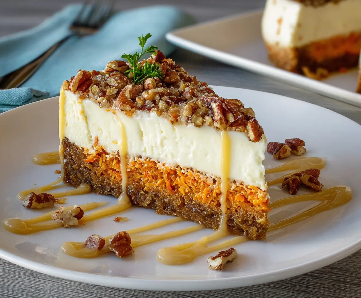 Delicious carrot cake cheesecake with cream cheese frosting and grated carrots on top.
