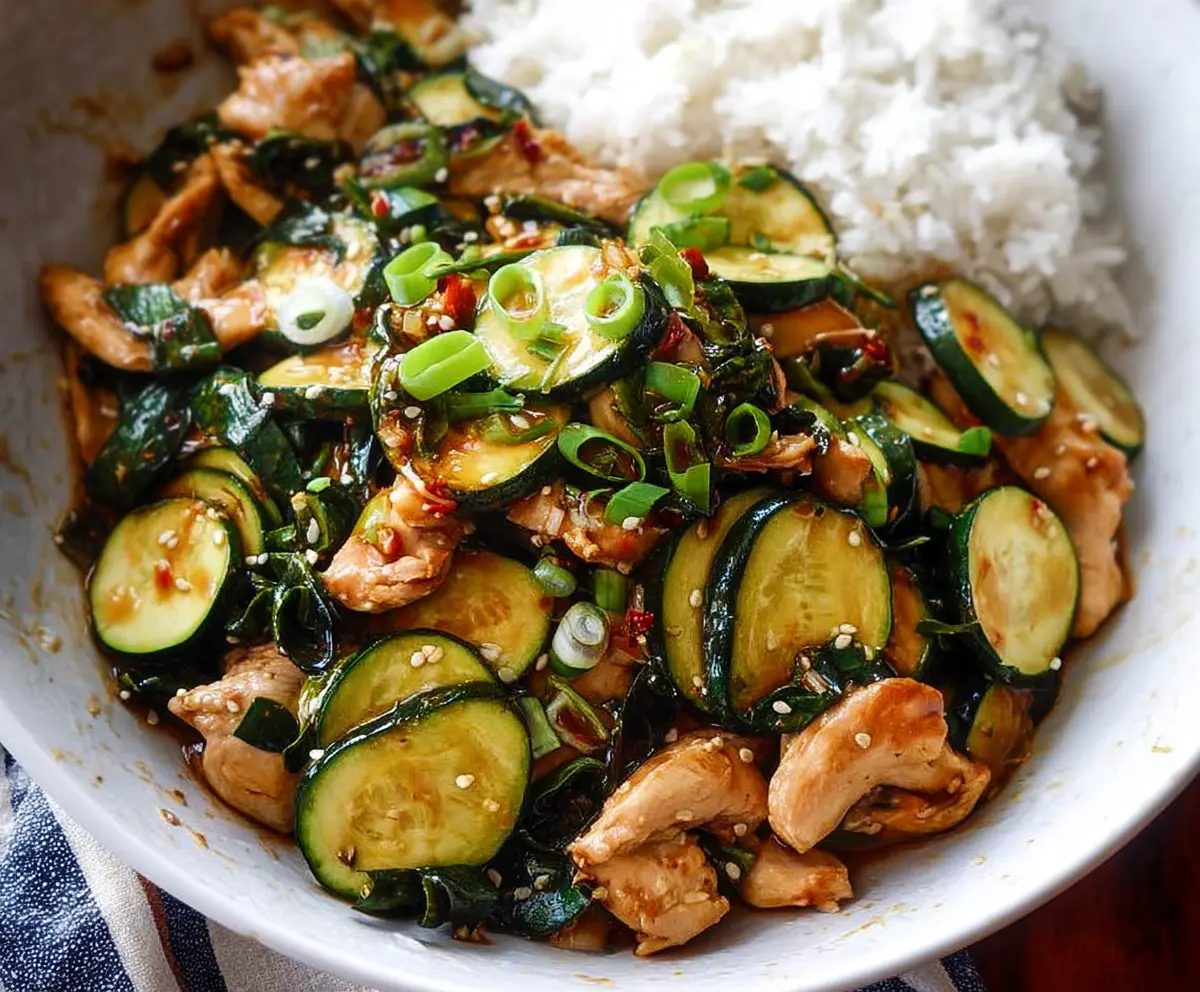 Delicious Chicken Zucchini Stir Fry with colorful vegetables and tender chicken slices.