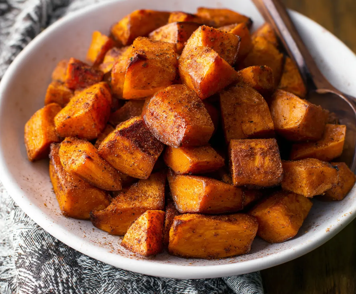 Delicious cinnamon roasted sweet potatoes with caramelized edges, perfect for a healthy side dish.