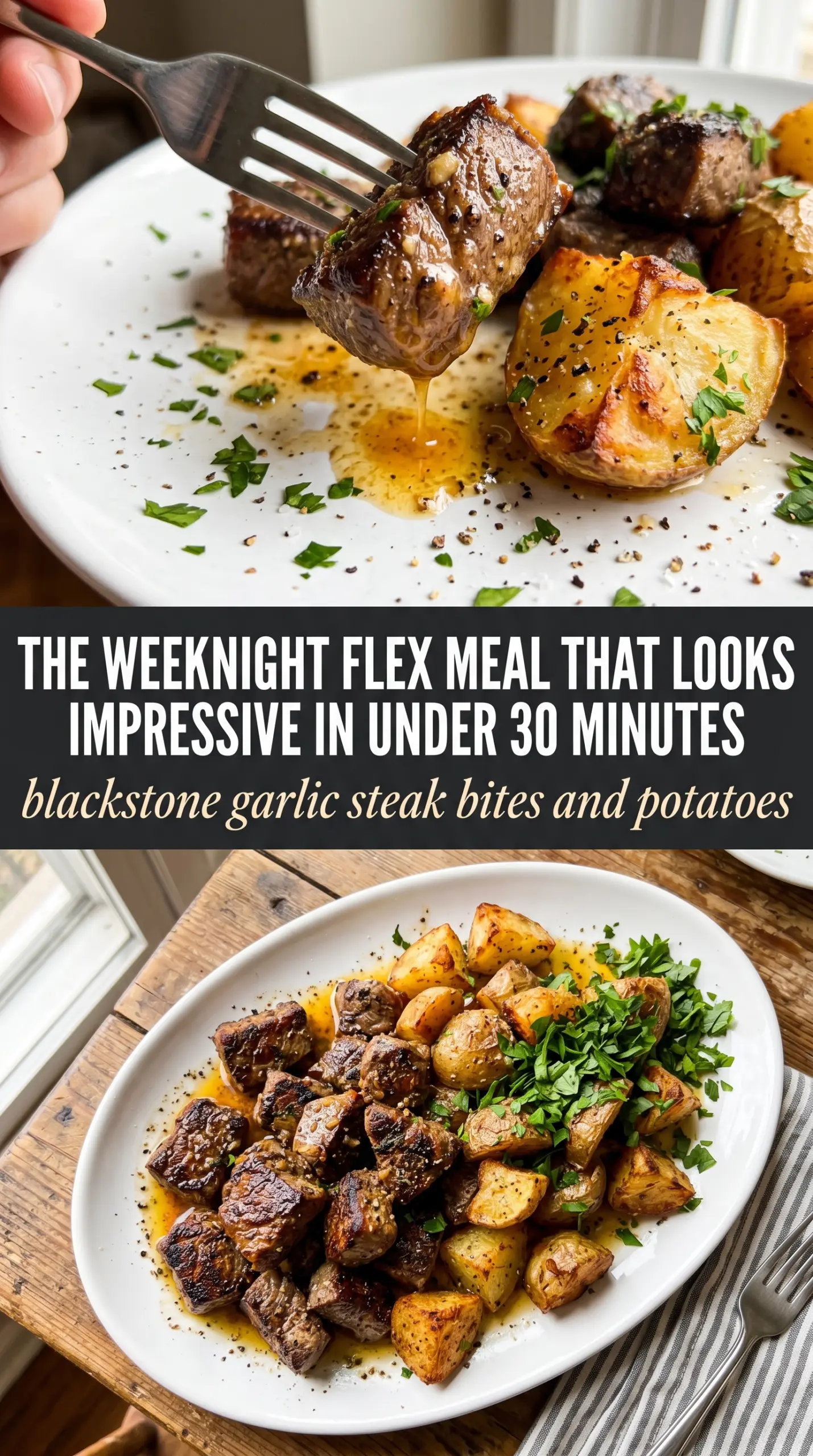 Blackstone Garlic Steak Bites and Potatoes garlic butter, griddle dinner, golden potatoes