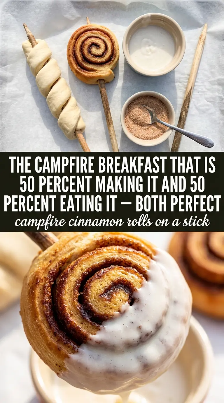 Campfire Cinnamon Rolls on a Stick, golden spirals, gooey icing