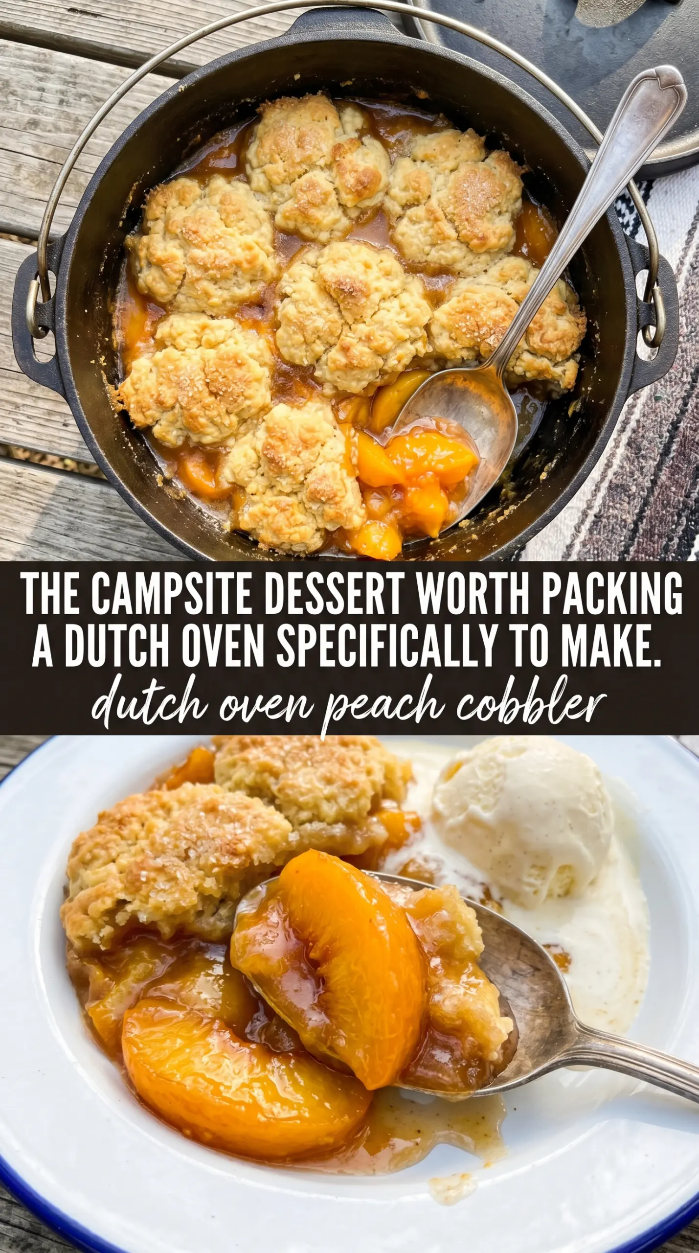 Dutch oven peach cobbler golden bubbling