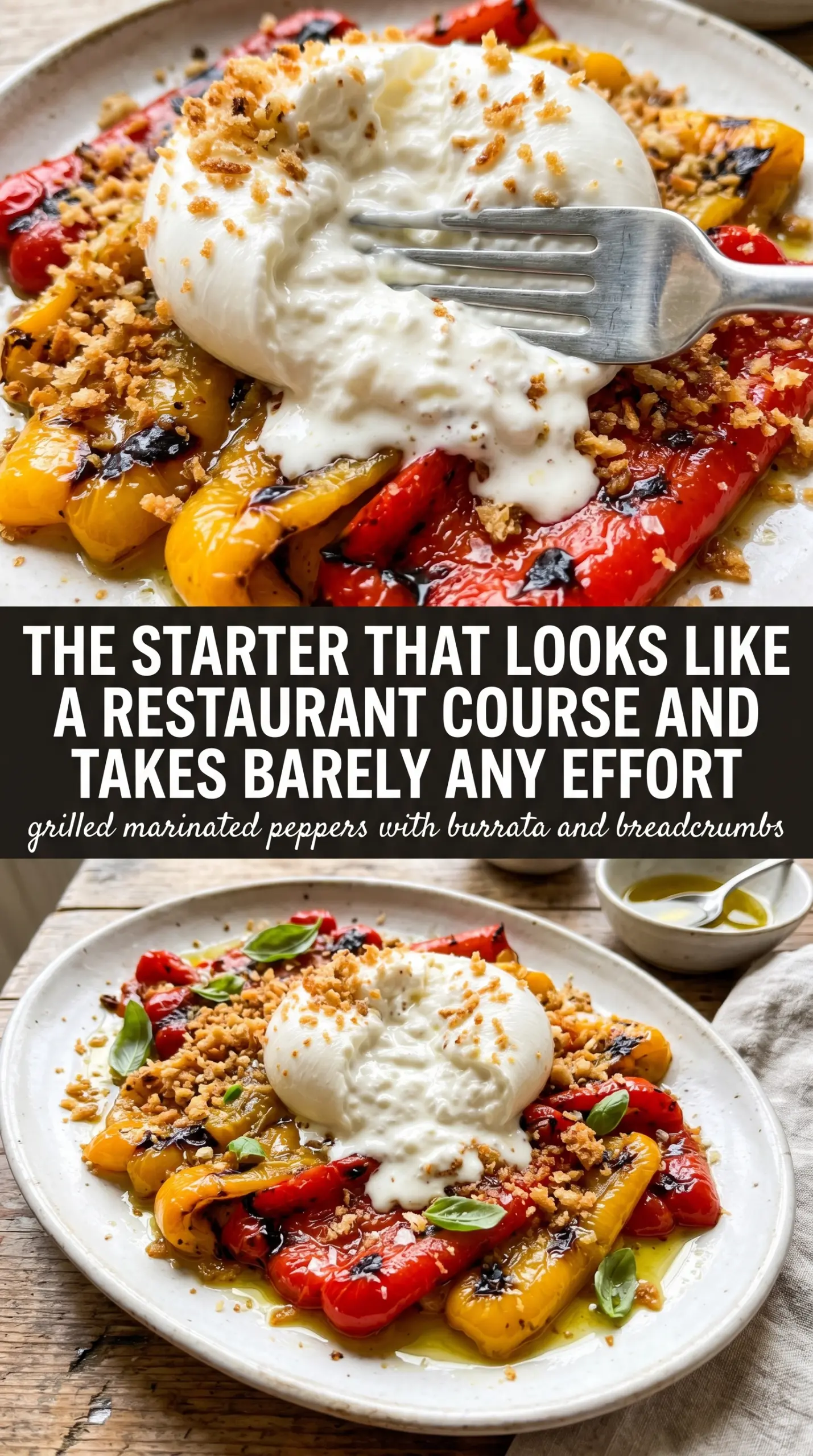 Grilled Marinated Peppers with Burrata and Breadcrumbs colorful creamy crispy