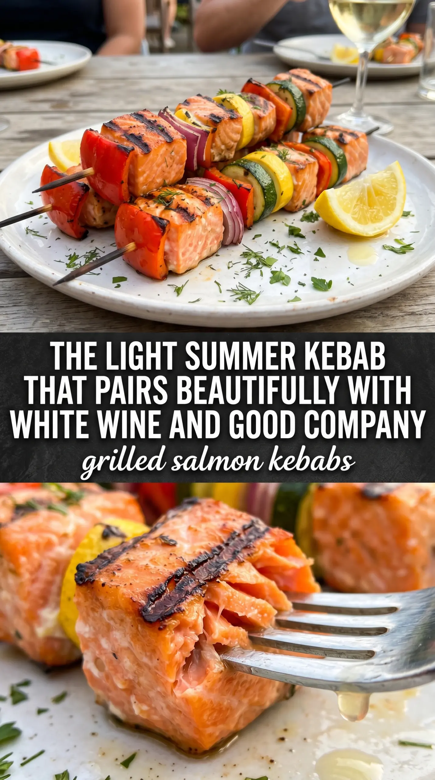 Grilled Salmon Kebabs lemon-herb, colorful vegetables