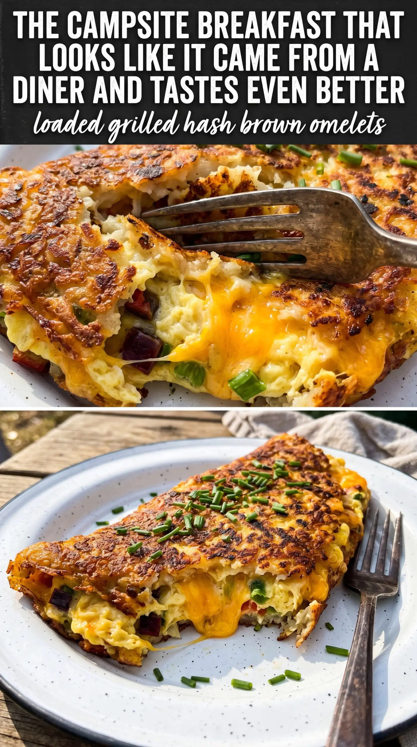 Loaded Grilled Hash Brown Omelets crispy cheesy campfire breakfast