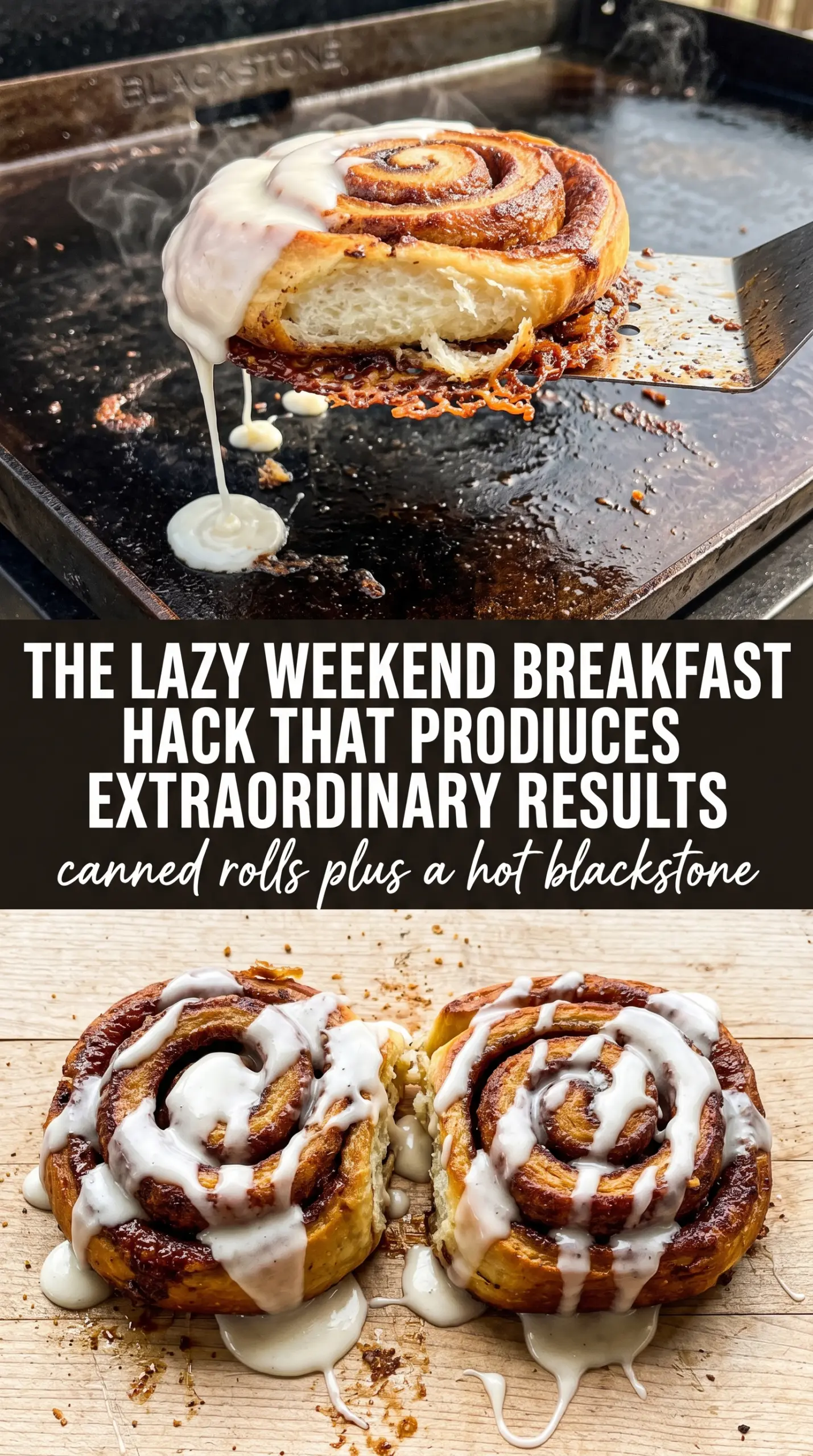 Smashed Blackstone Cinnamon Rolls caramelized icing-drizzled