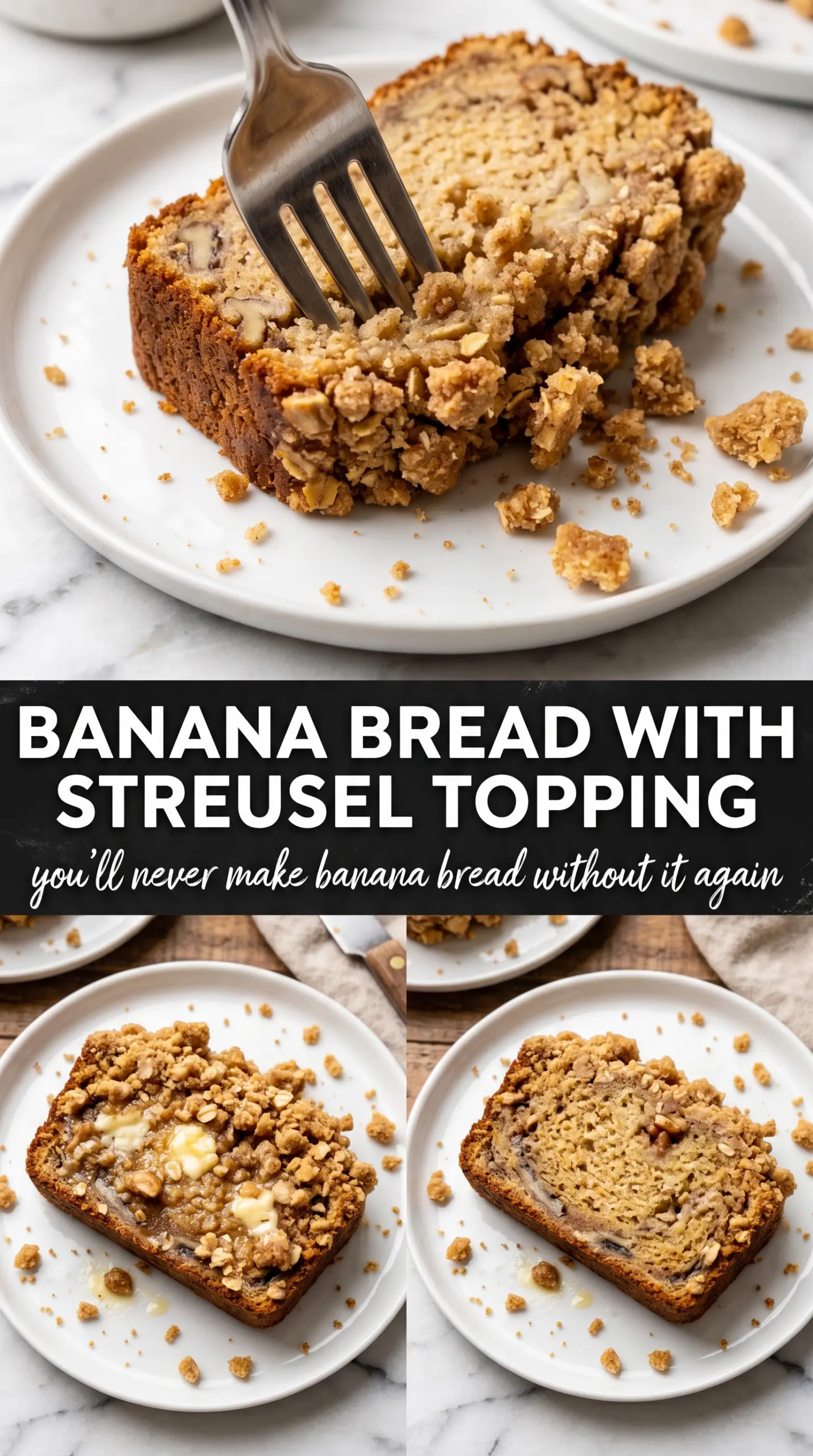 Banana Bread with Streusel Topping, cinnamon crunch, golden loaf