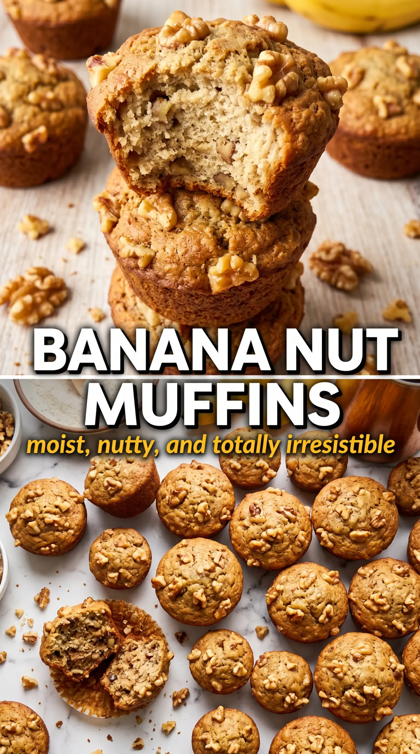 Banana nut muffins with walnuts, golden domes, moist crumb