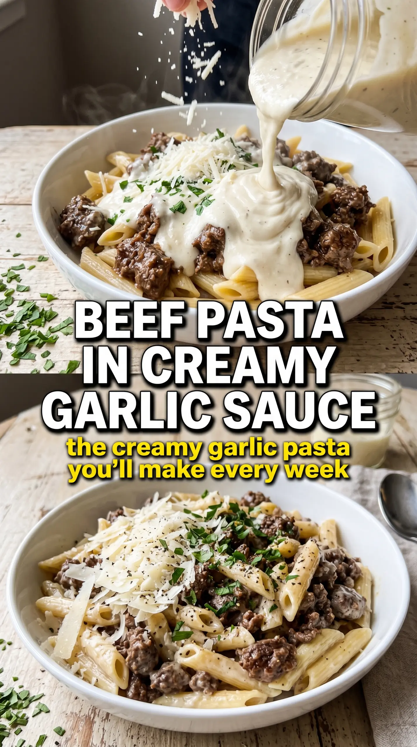 Beef Pasta in Creamy Garlic Sauce creamy garlic, browned beef, parmesan