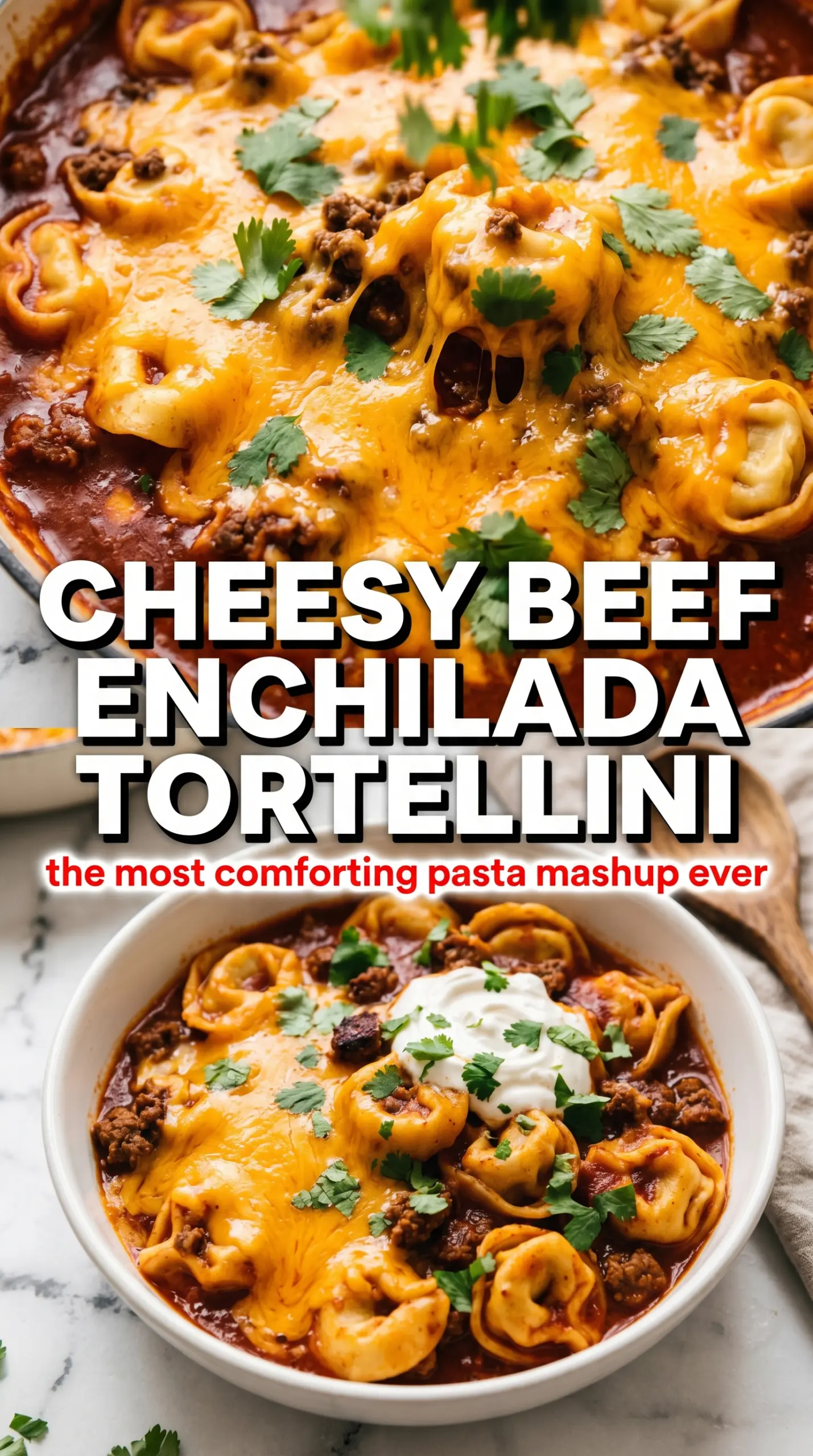 Cheesy Beef Enchilada Tortellini cheesy skillet, Tex-Mex pasta, bold red sauce