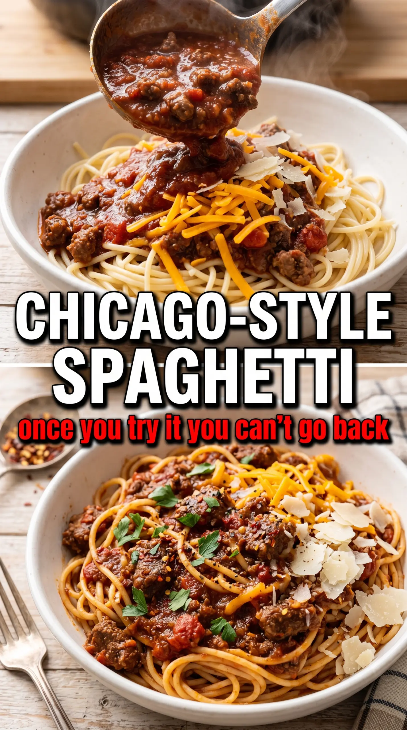 Chicago-Style Spaghetti spiced beef cheddar onion
