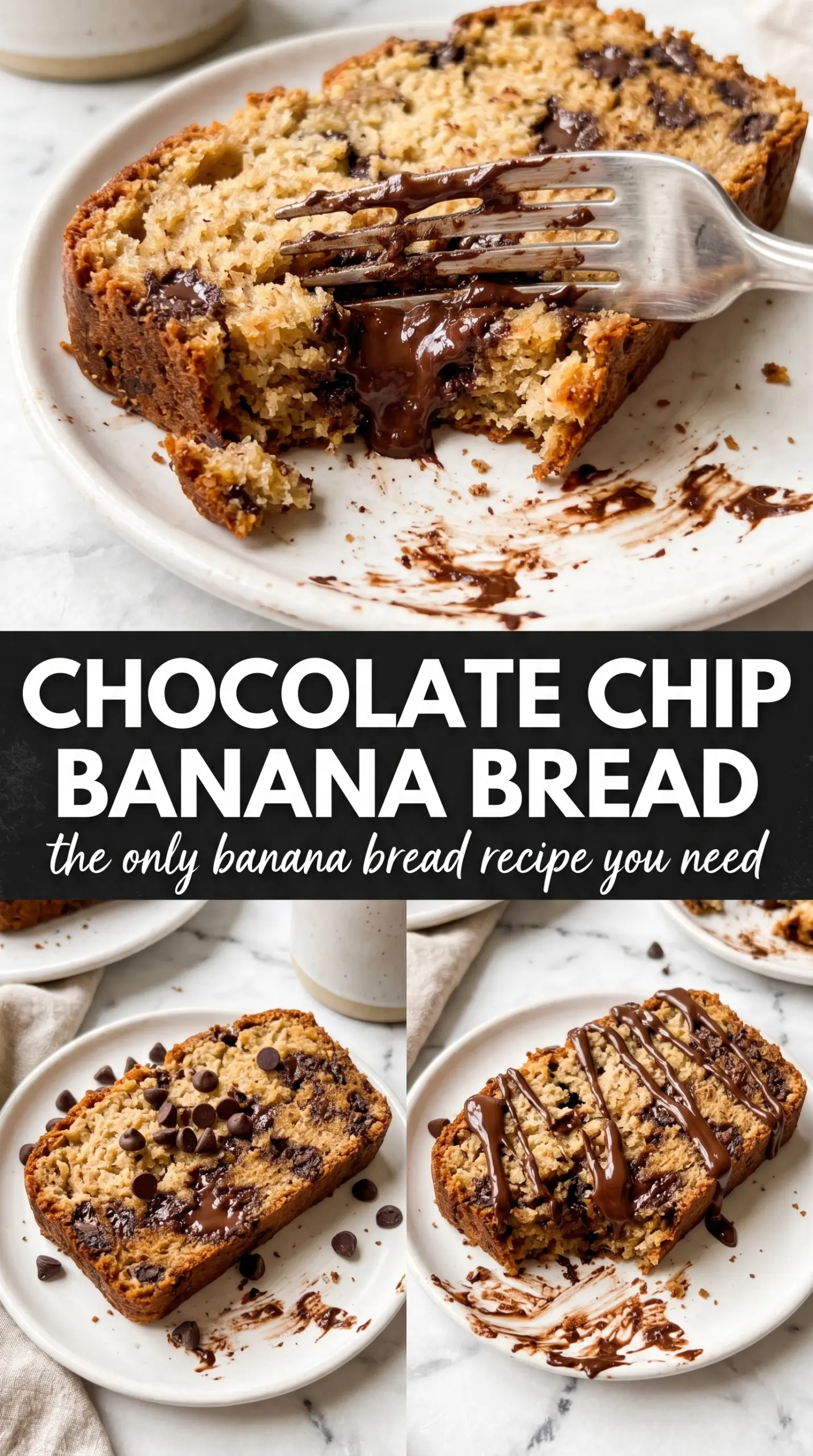 Chocolate chip banana bread moist crumb, melted chocolate, golden loaf