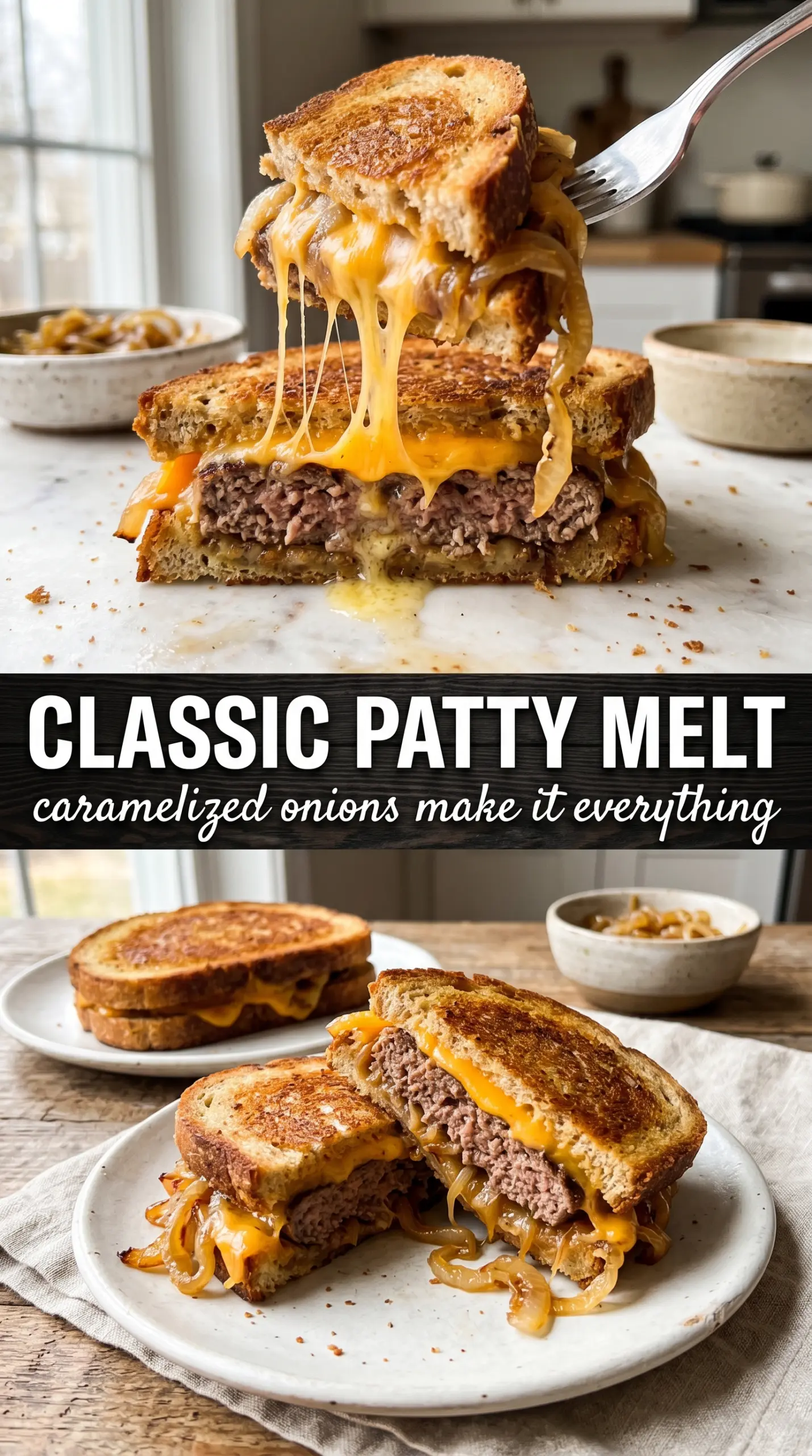Classic Patty Melt golden rye Swiss cheese caramelized onions