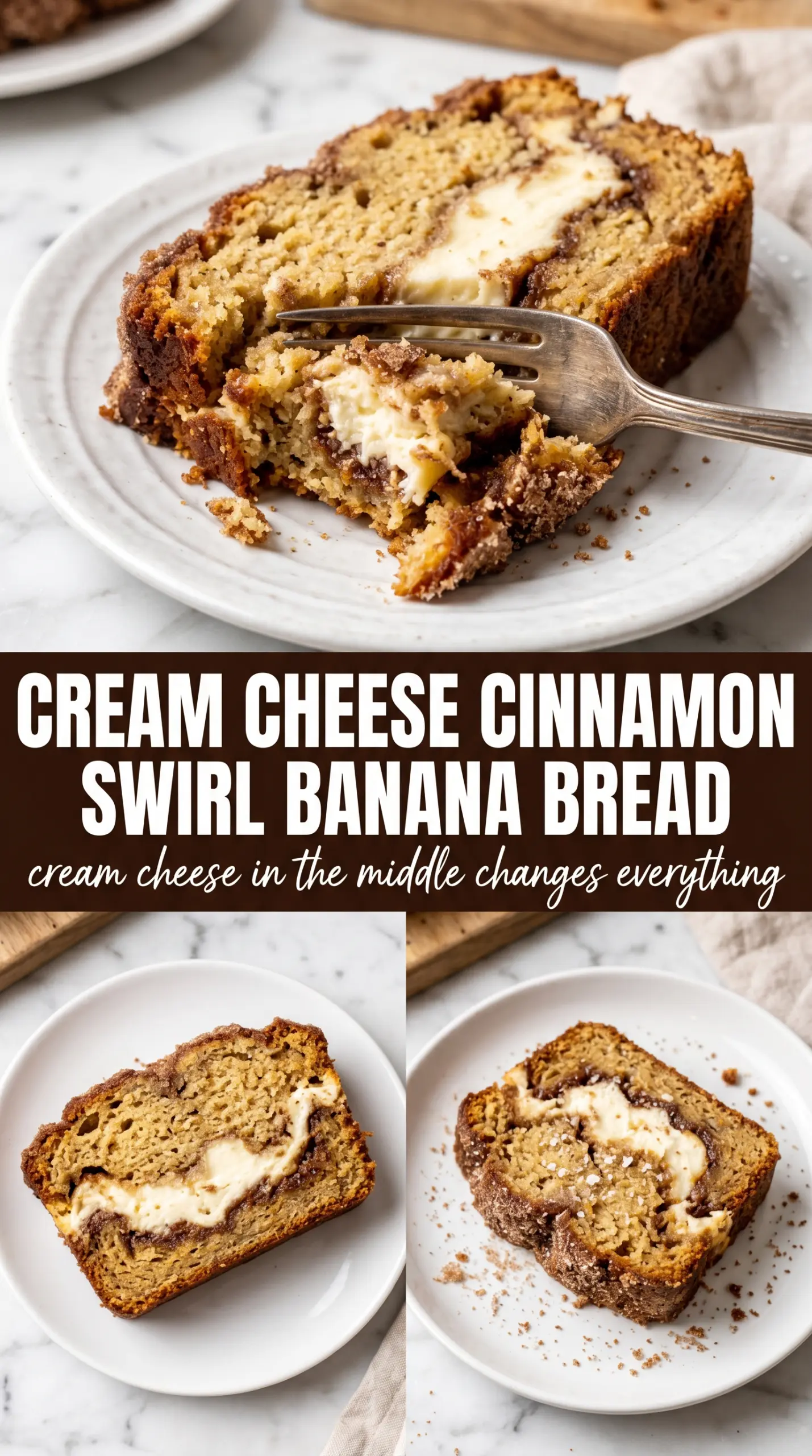 Cream Cheese Cinnamon Swirl Banana Bread with creamy center, cinnamon ribbon, golden crumb