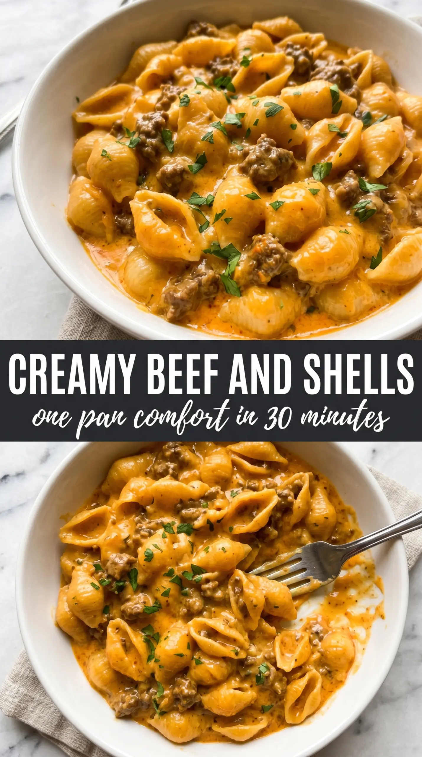Creamy Beef and Shells cheesy beef pasta