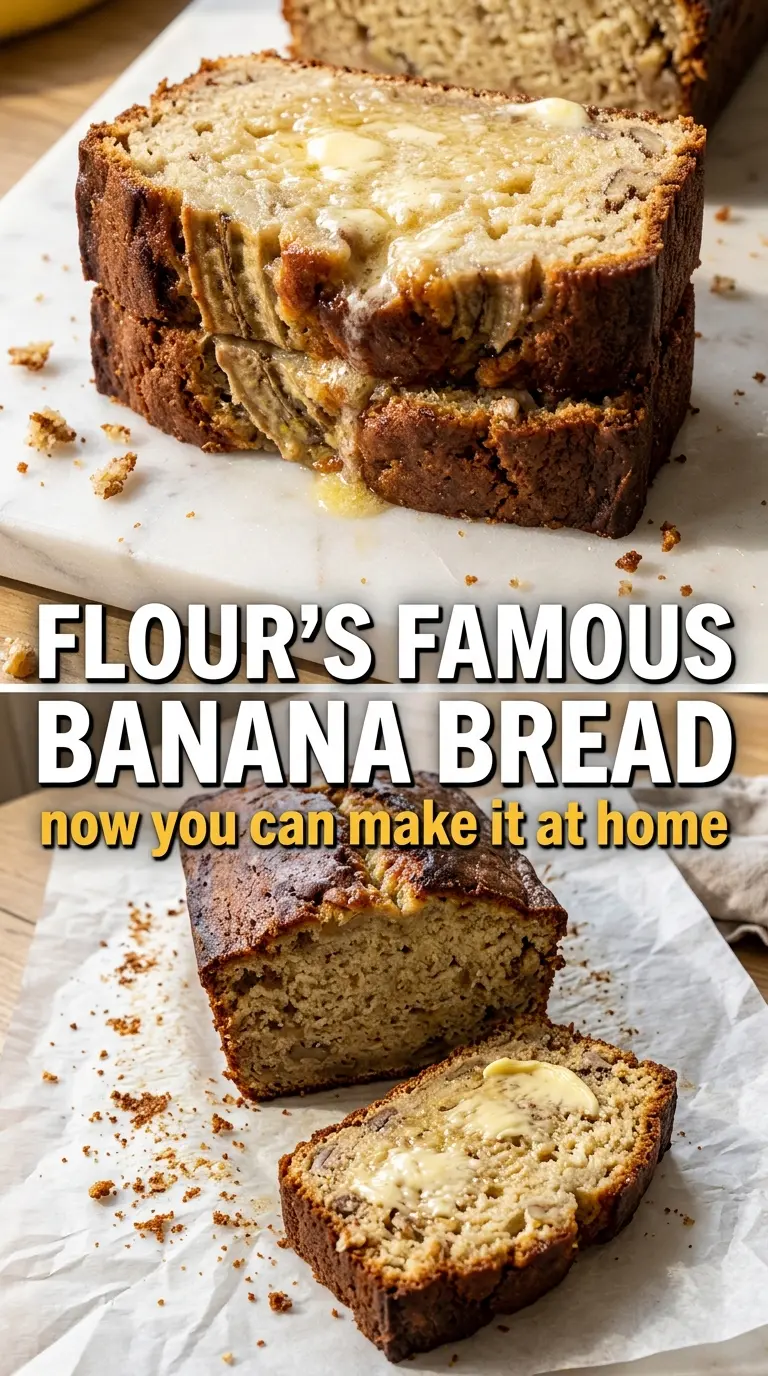 Flour's Famous Banana Bread, bakery-style crumb, walnut topping