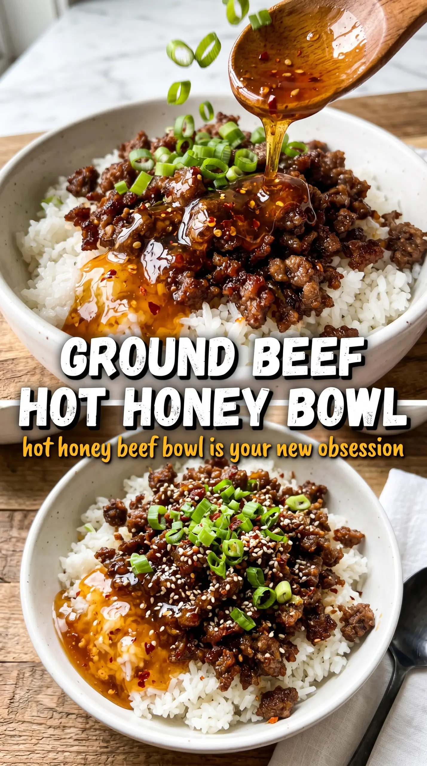 Ground Beef Hot Honey Bowl glossy spicy rice bowl