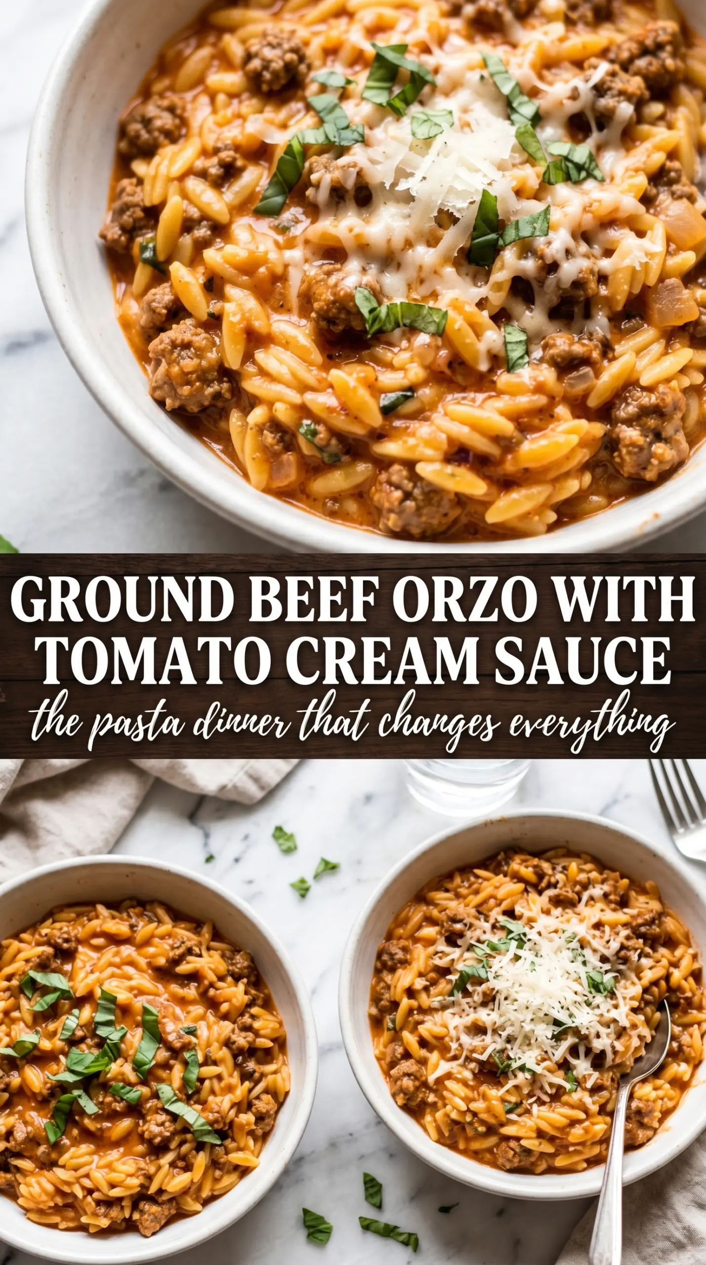 Ground Beef Orzo with Tomato Cream Sauce creamy, savory, skillet dinner