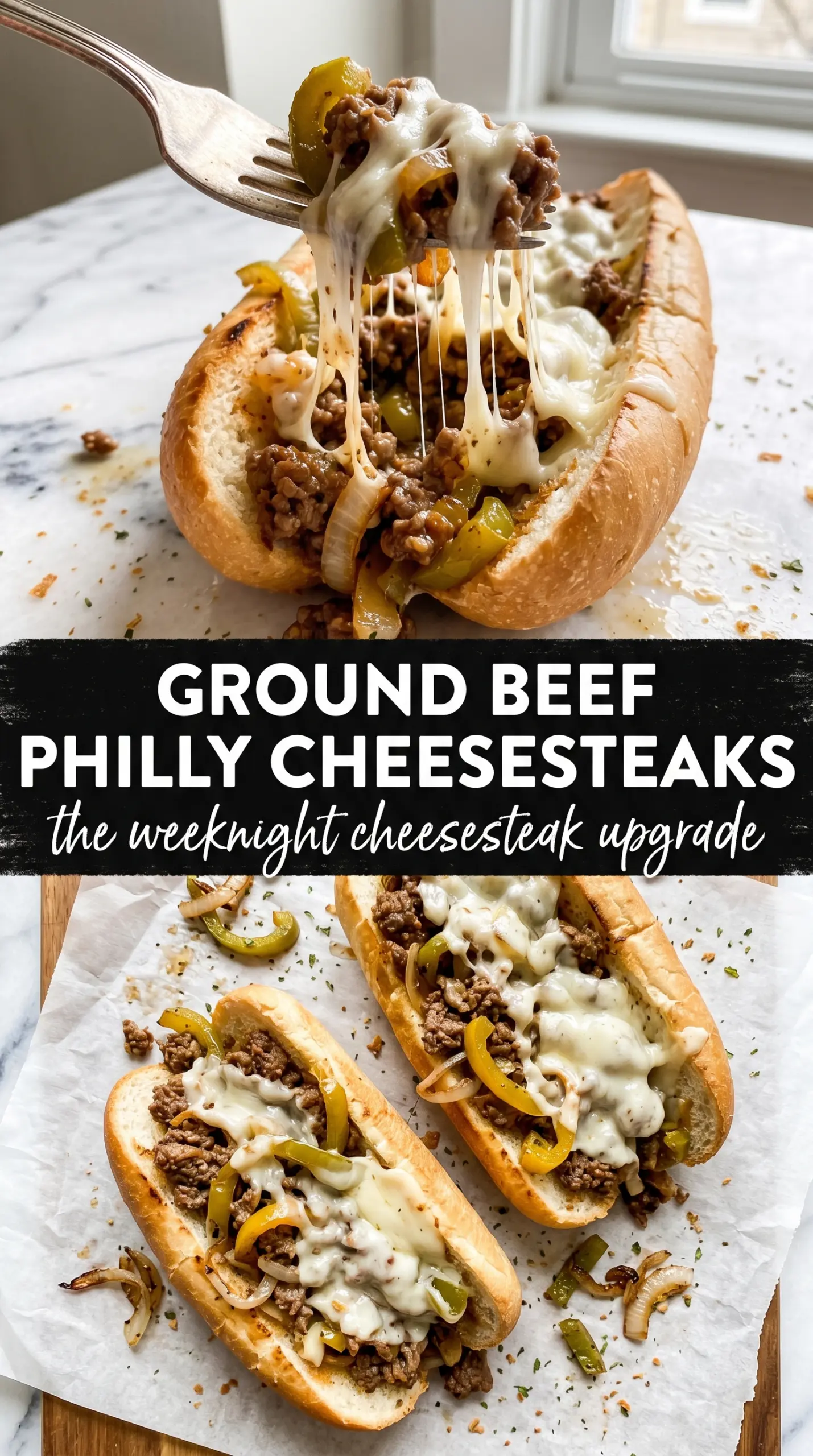 Ground Beef Philly Cheesesteaks savory cheesy hoagie