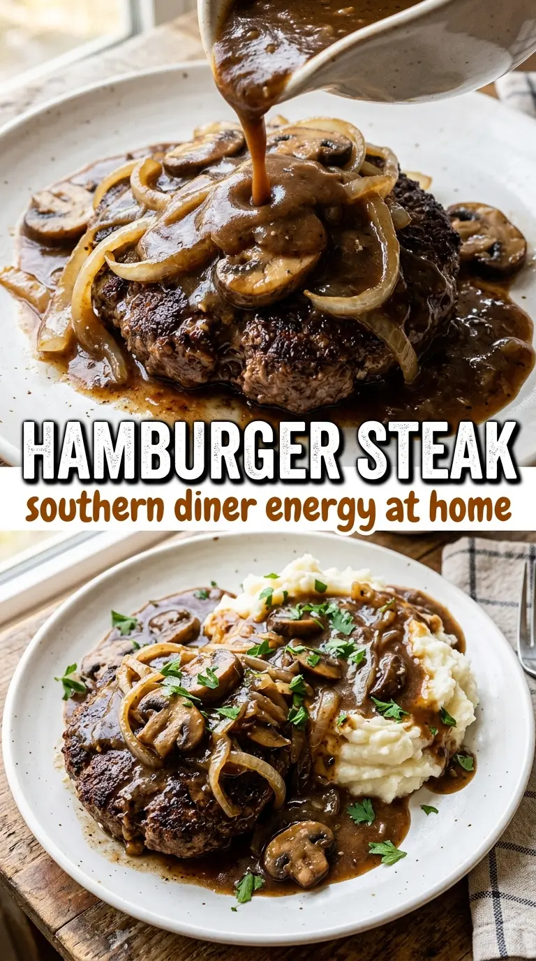hamburger steak with onion mushroom gravy, seared and savory