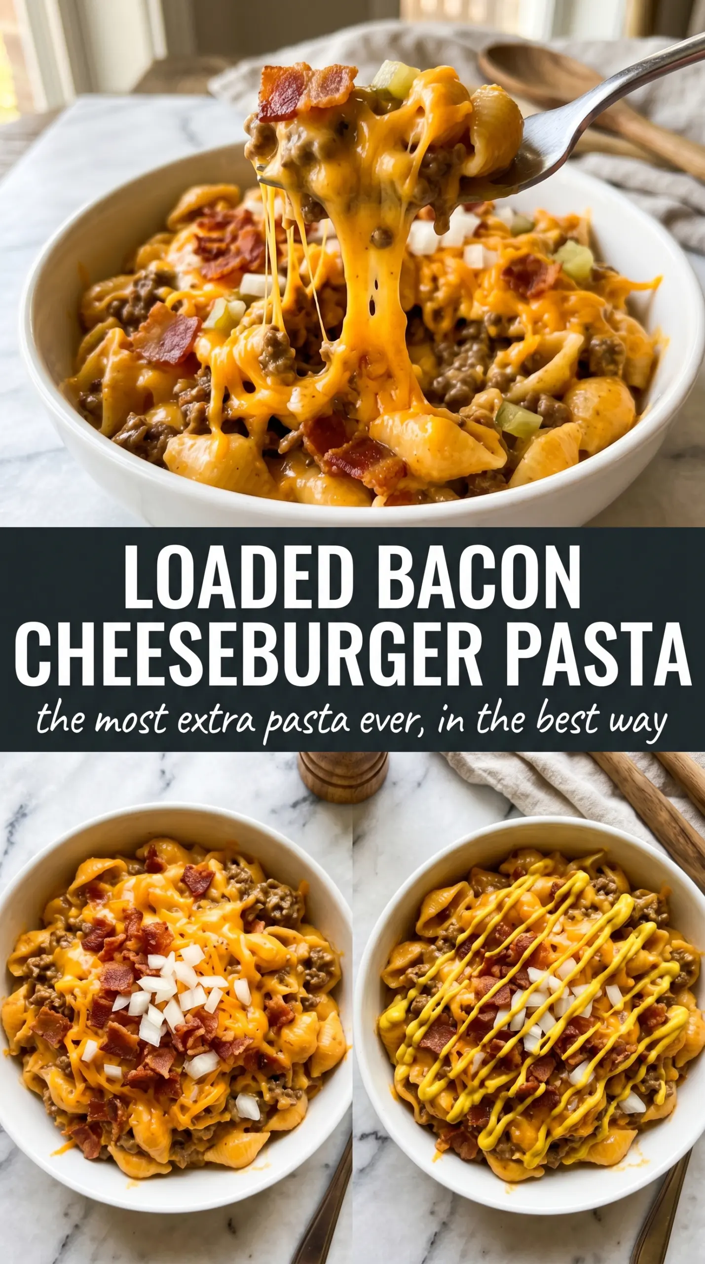 Loaded Bacon Cheeseburger Pasta, cheesy, bacon-studded, creamy