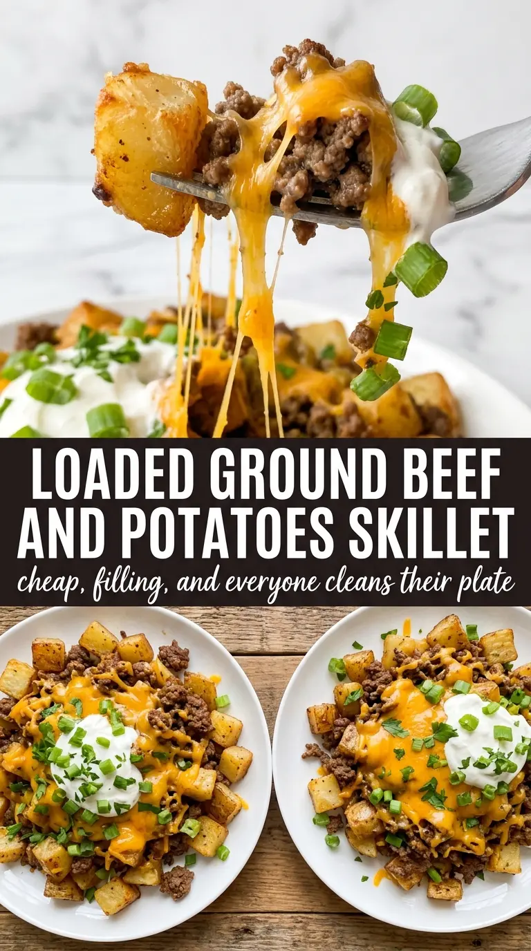 Loaded Ground Beef and Potatoes Skillet crispy cheesy skillet