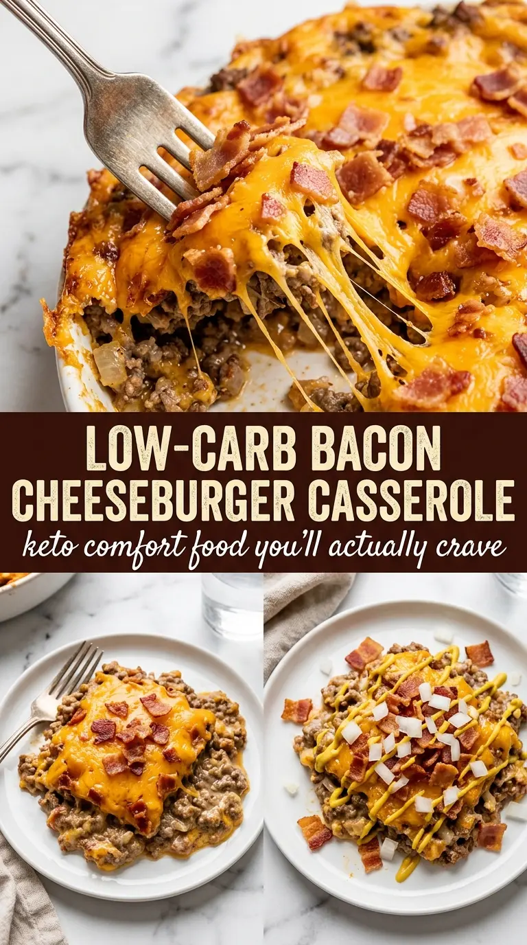 Low-Carb Bacon Cheeseburger Casserole bubbling cheddar bacon