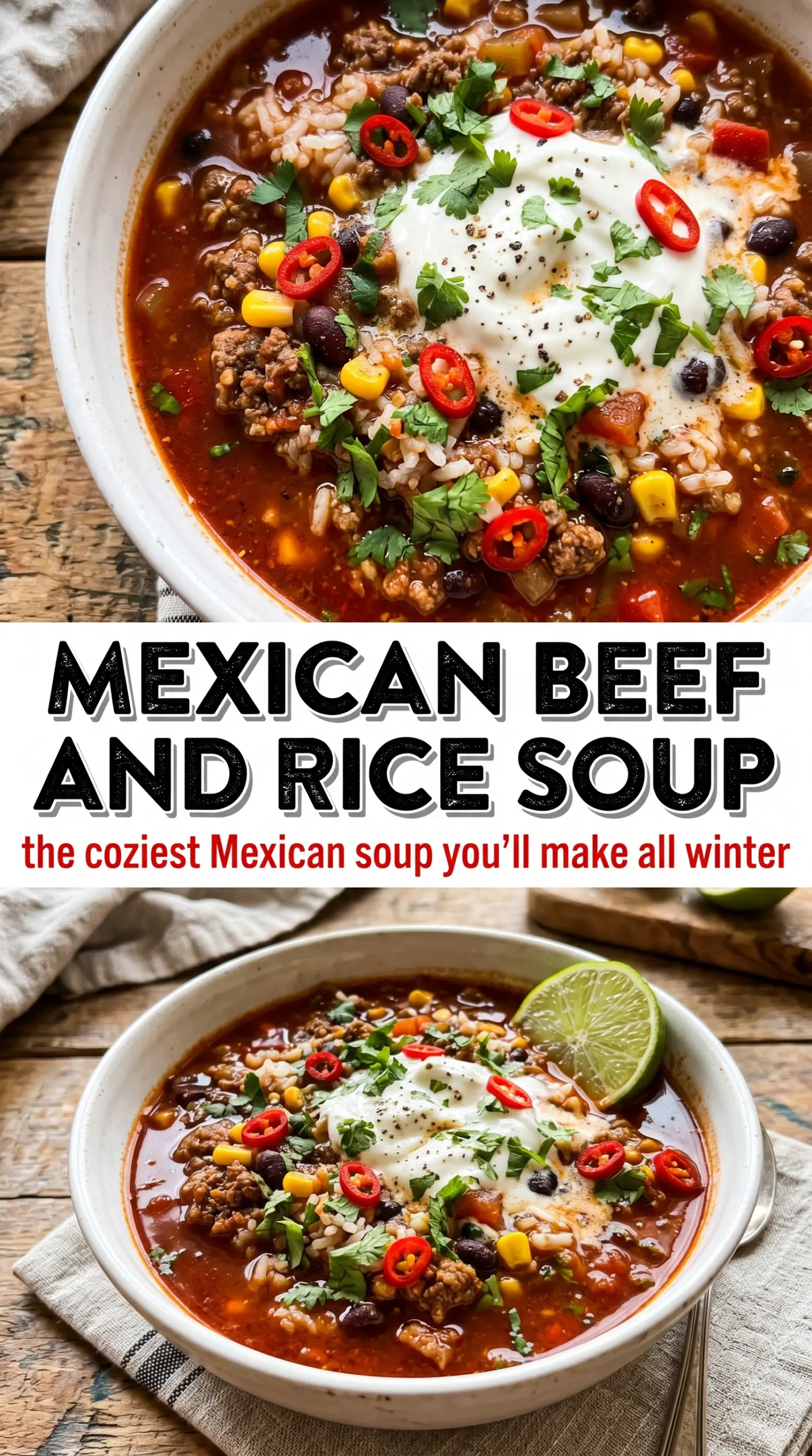 Mexican beef and rice soup tomato-red, hearty, lime-topped