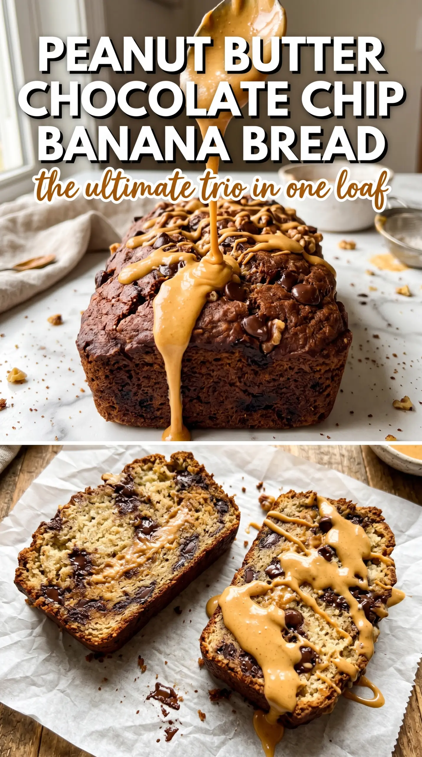 Peanut Butter Chocolate Chip Banana Bread with peanut butter swirl, chocolate chips, moist crumb