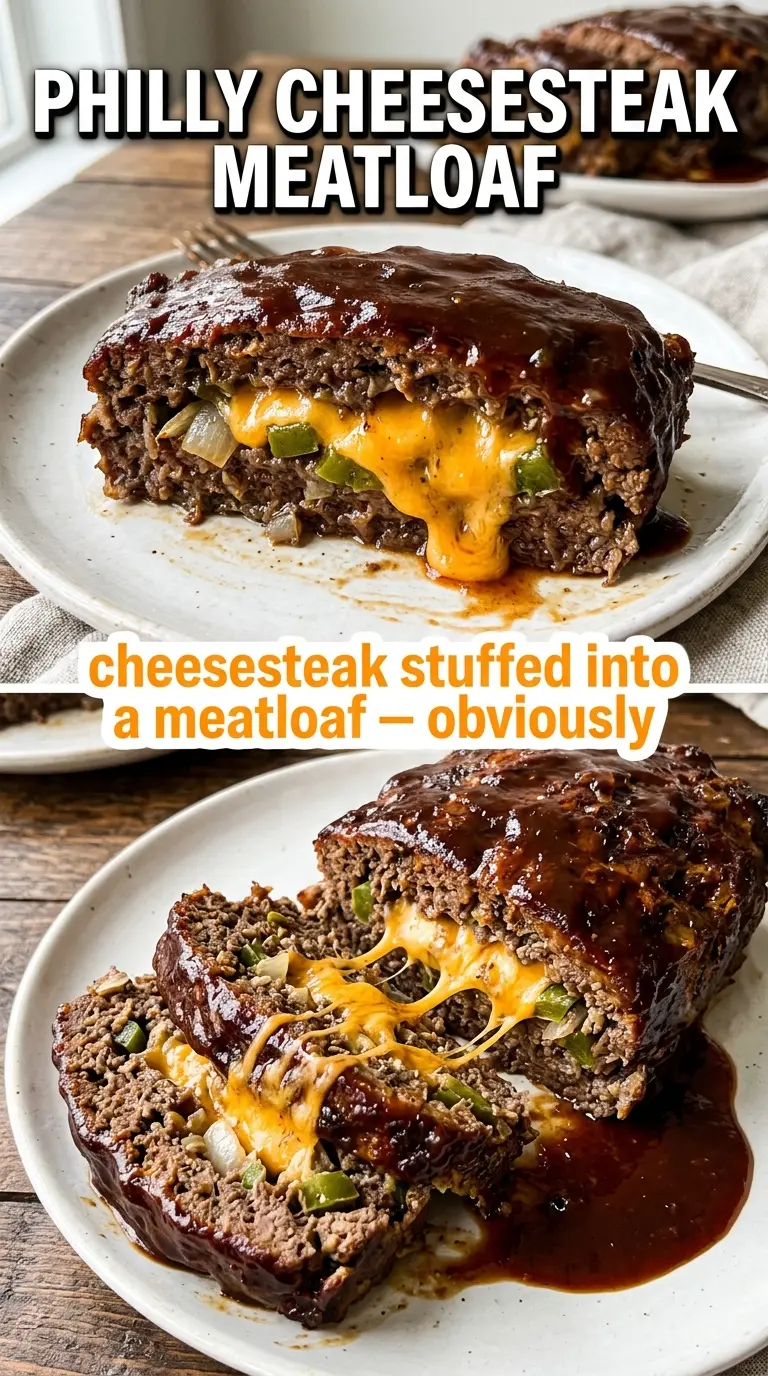 Philly Cheesesteak Meatloaf stuffed, savory, cheesy