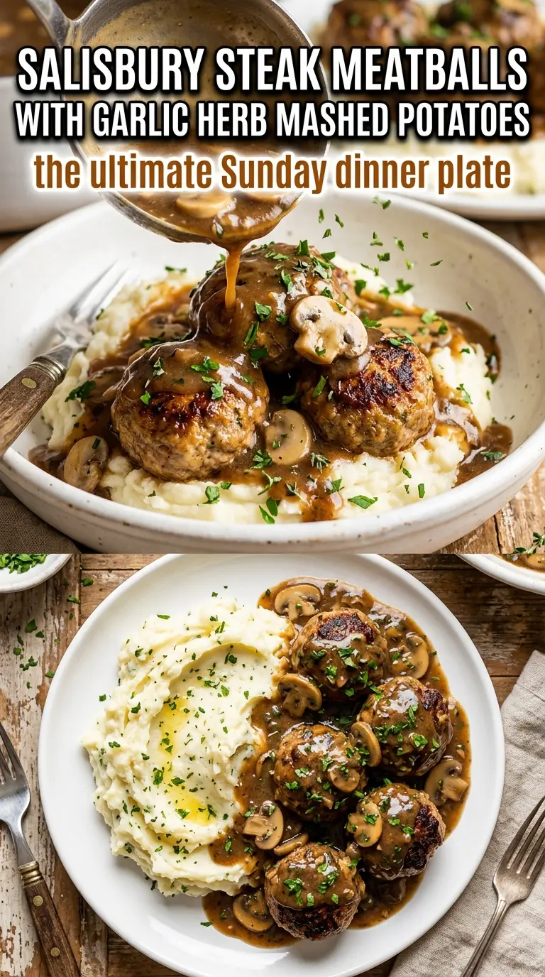 Salisbury steak meatballs with garlic herb mashed potatoes, dark gravy, comforting