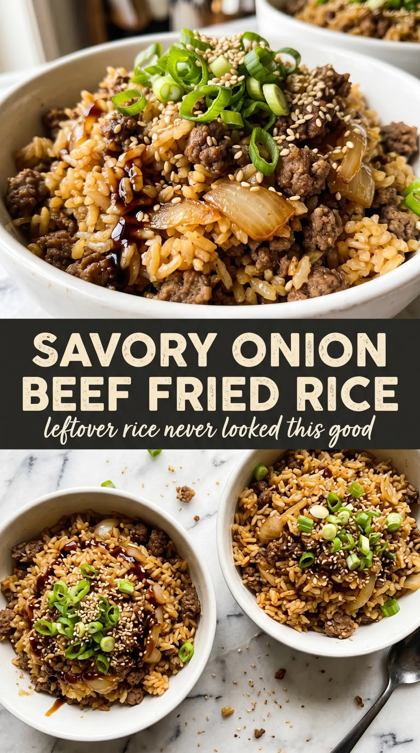 Savory Onion Beef Fried Rice, smoky charred, eggy