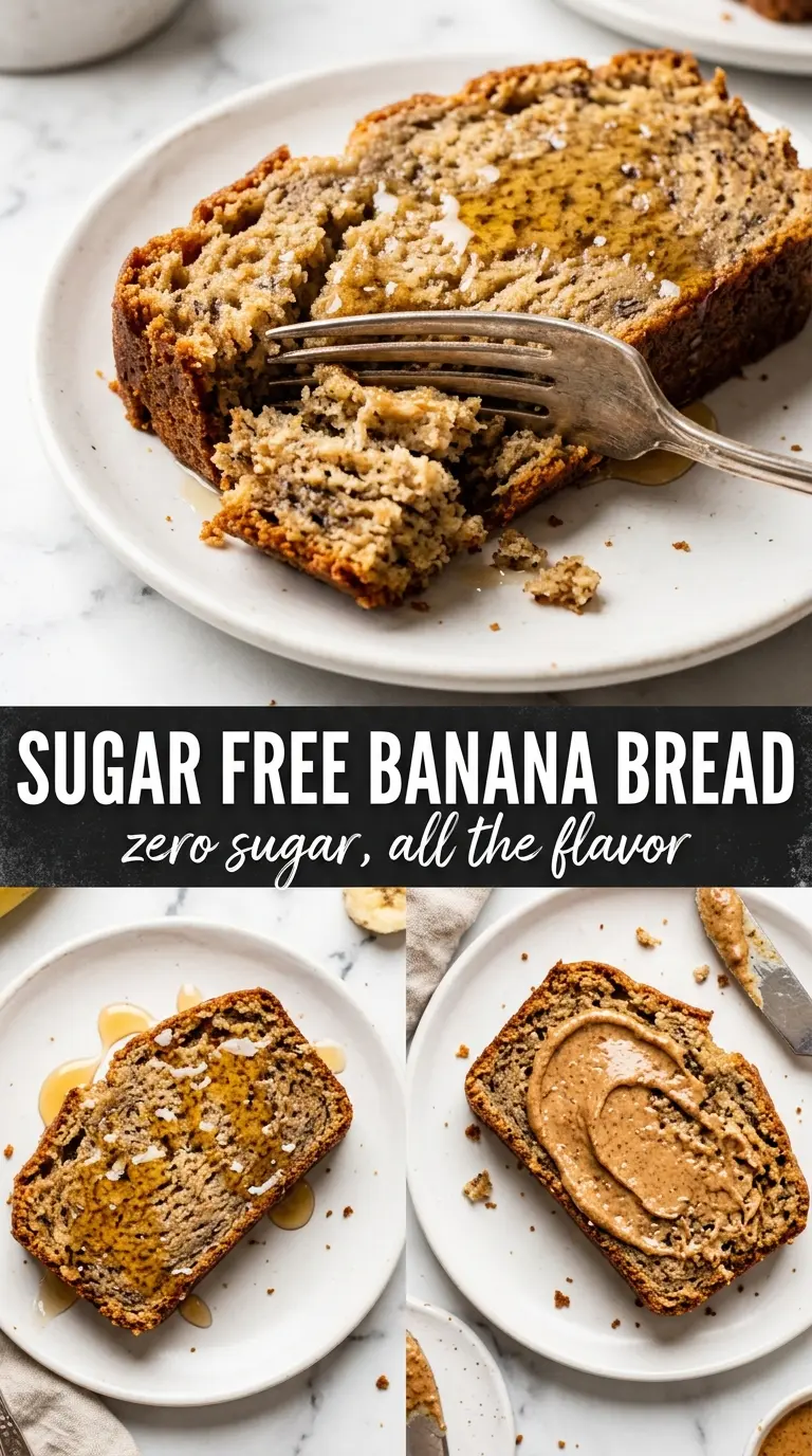 Sugar Free Banana Bread golden crumb, naturally sweetened, sliced loaf