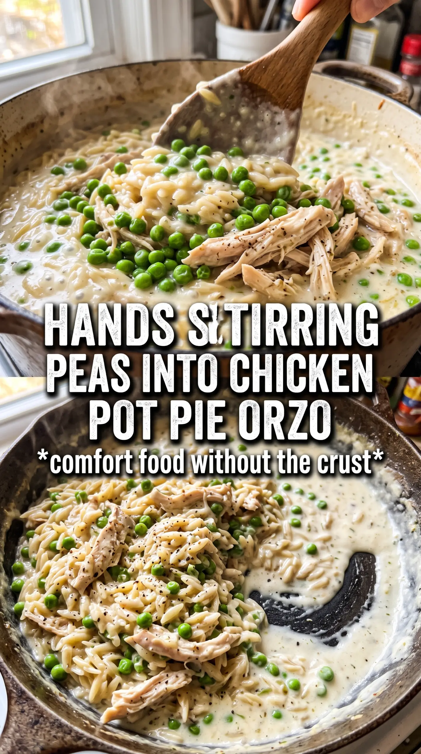 Chicken pot pie orzo creamy one-pot, shredded chicken