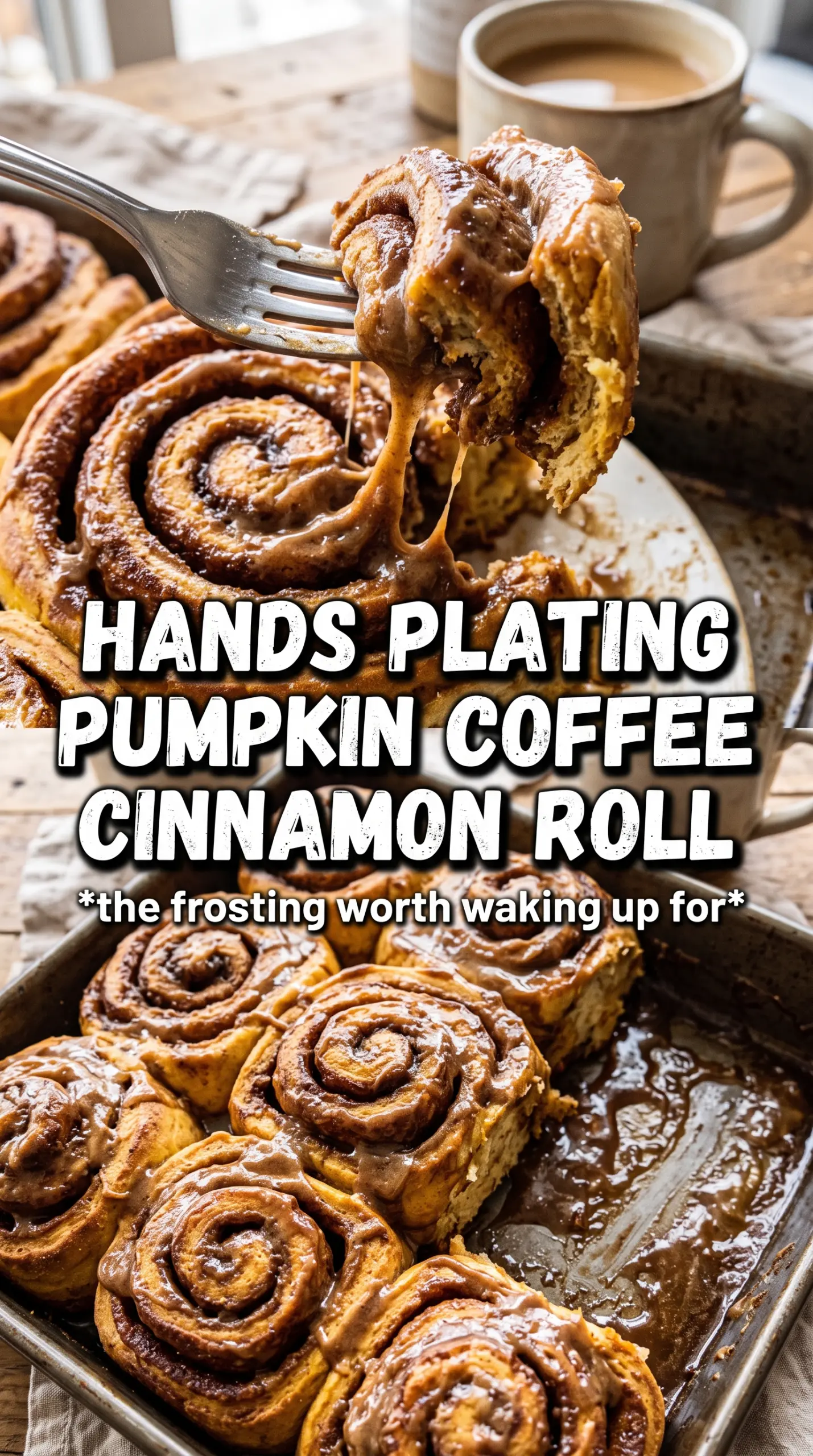 Pumpkin cinnamon rolls with coffee maple frosting, soft swirls, frosted top